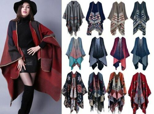 Womens Ladies Knitted Open Poncho Cape Blanket Winter Tassels Wrap Shawl - Picture 1 of 31