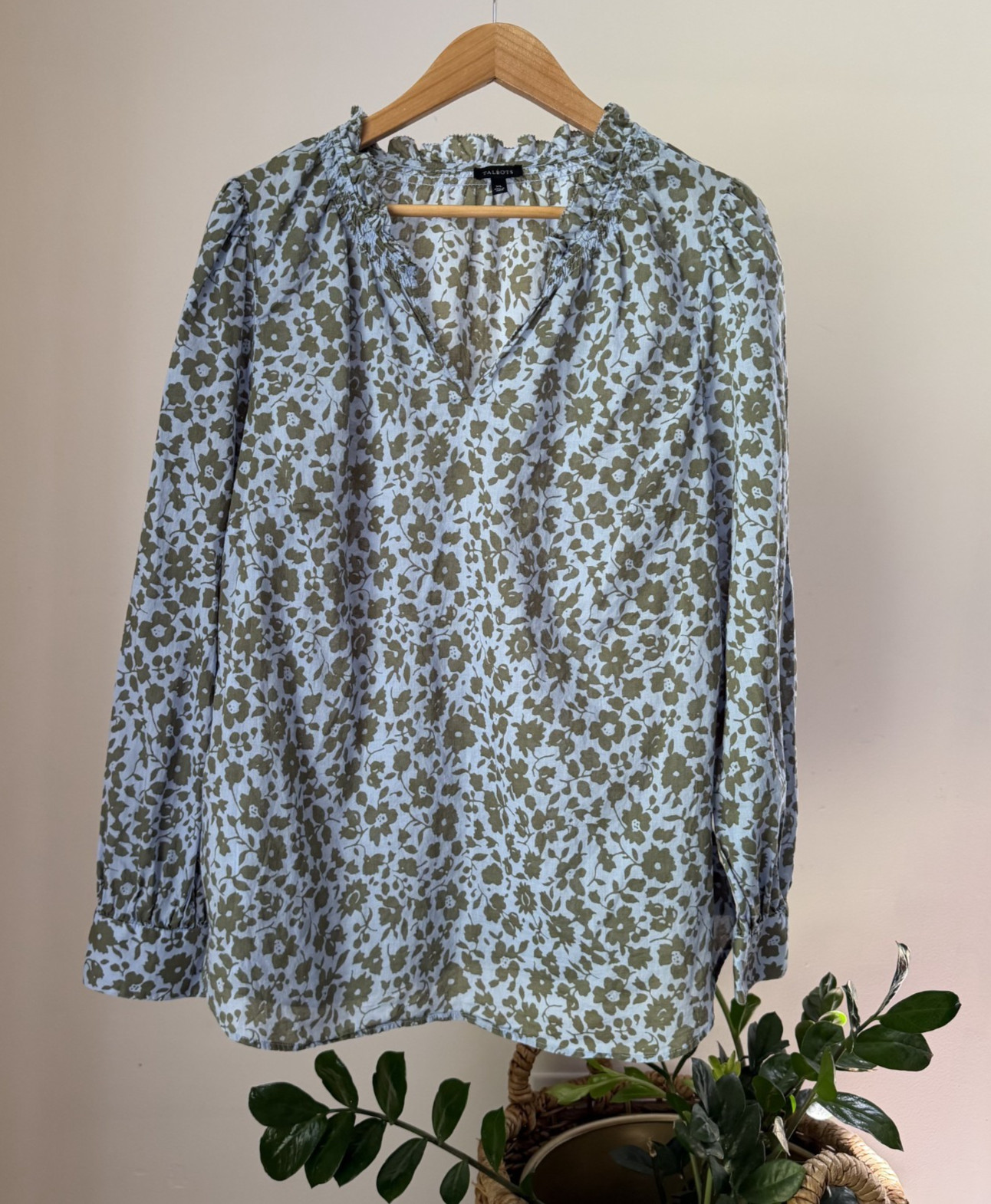 TALBOTS Blue & Green Floral Cotton Peasant Top Shirt Blouse Women's Size XL