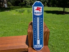 THICK PORCELAIN MOBILOIL SERVICE THERMOMETER GAS & OIL STATION SIGN VACUUM OIL
