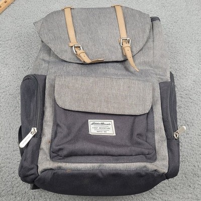Eddie Bauer First Adventure Backpack Gray Black Canvas Leather Accents Laptop
