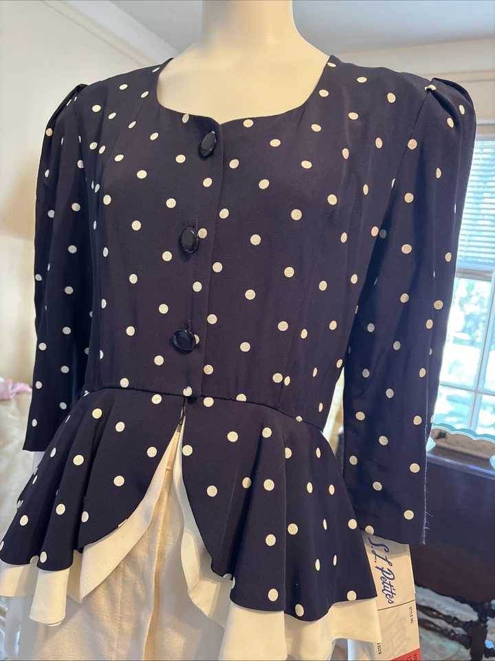 Винтаж 80-х/90-х S.L. Petites блейзер/куртка темно-синий с белый полкадоты размер 12 - Изображение 4 из 4