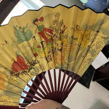 Vintage Folding Hand Fan w/ eight immortals story made from silk and bamboo