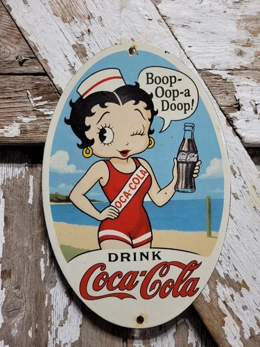 VINTAGE COCA COLA PORCELAIN SIGN OLD BETTY BOOP COKE DRINK BEVERAGE SODA POP