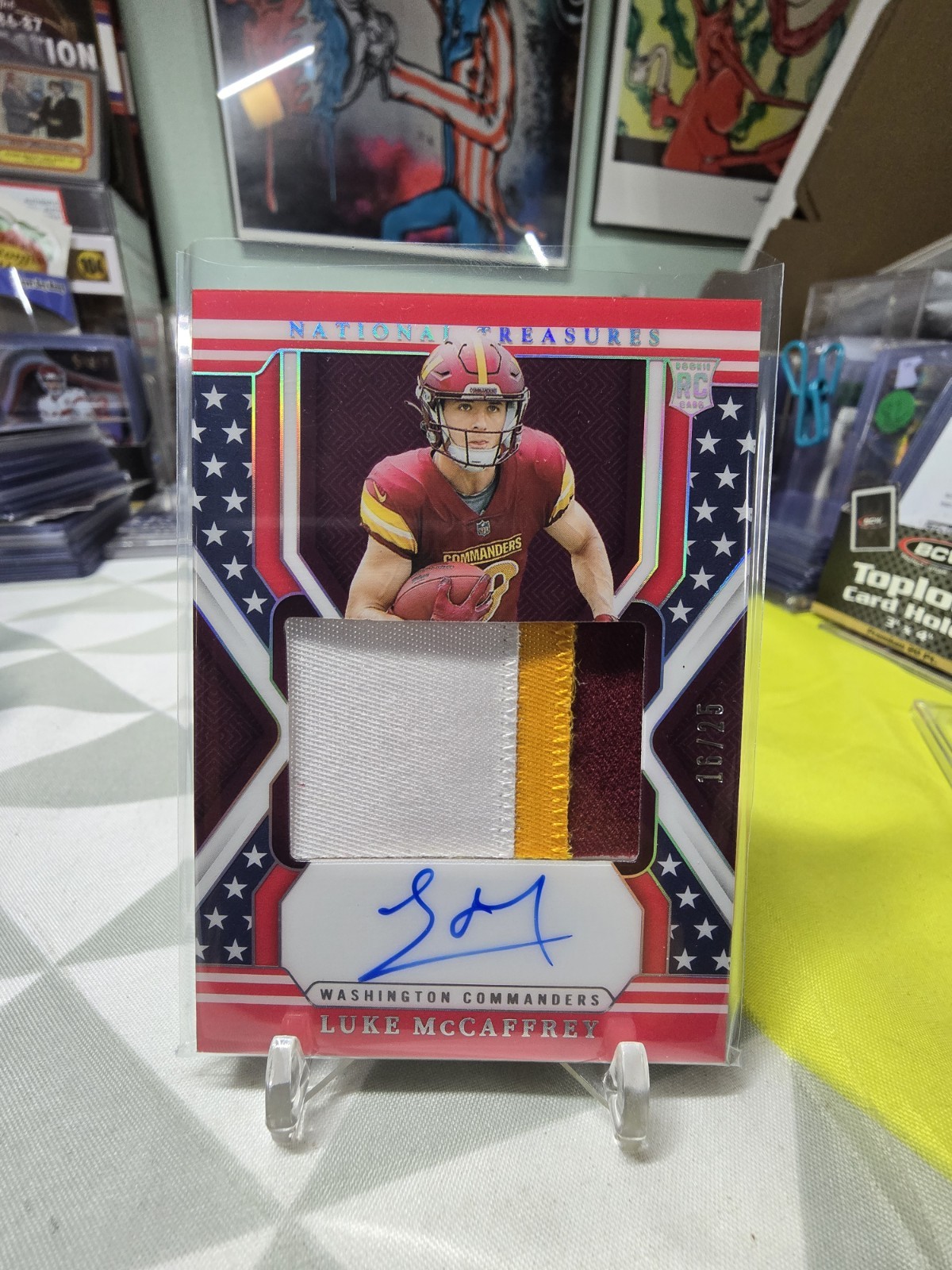 2024 National Treasures Luke McCaffrey /25 Rookie Patch Auto Stars Stripes #176