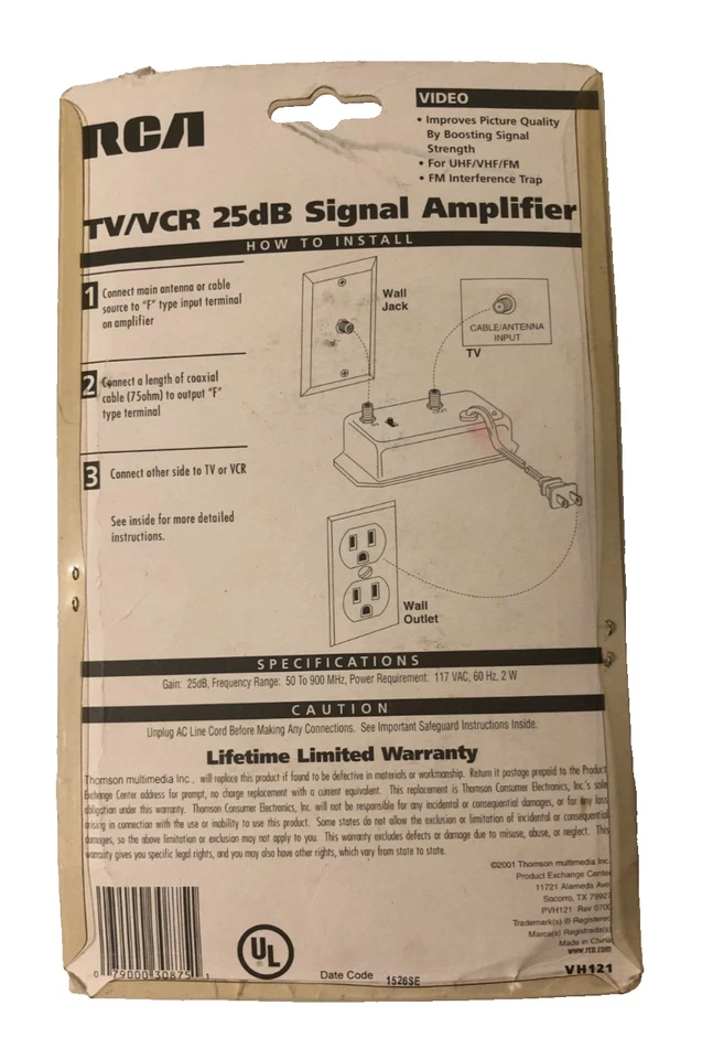 RCA TV/VCR 25 Deb Signal Amplifier VH121 Vintage New - Image 2 of 2