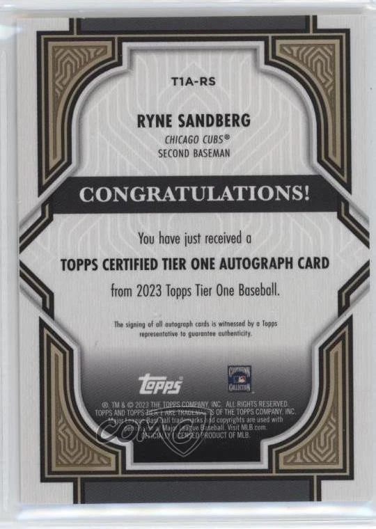 2023 Topps Tier One Tier One Auto /99 Ryne Sandberg #T1A-RS Auto HOF - Image 2 of 2