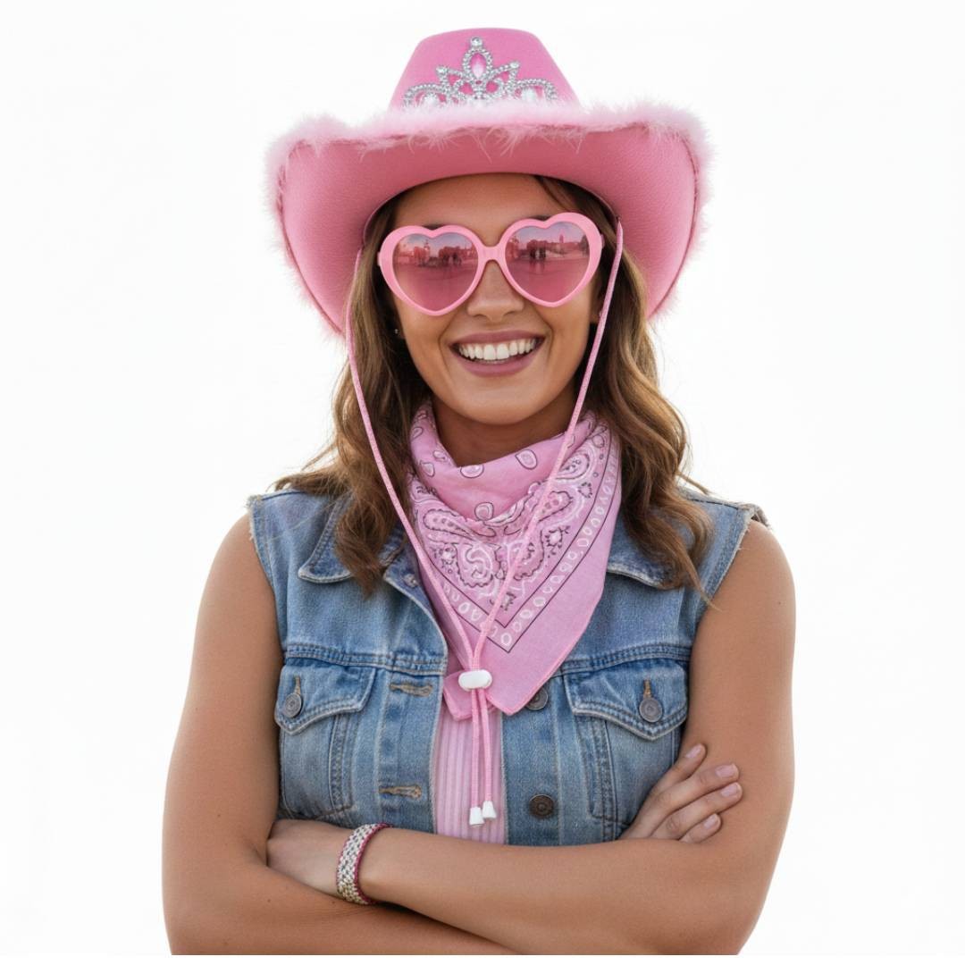 Pack 3 Piezas Disfraz Vaquera Rosa Mujer - Sombrero Cowgirl de Lujo, Pañuelo Wes
