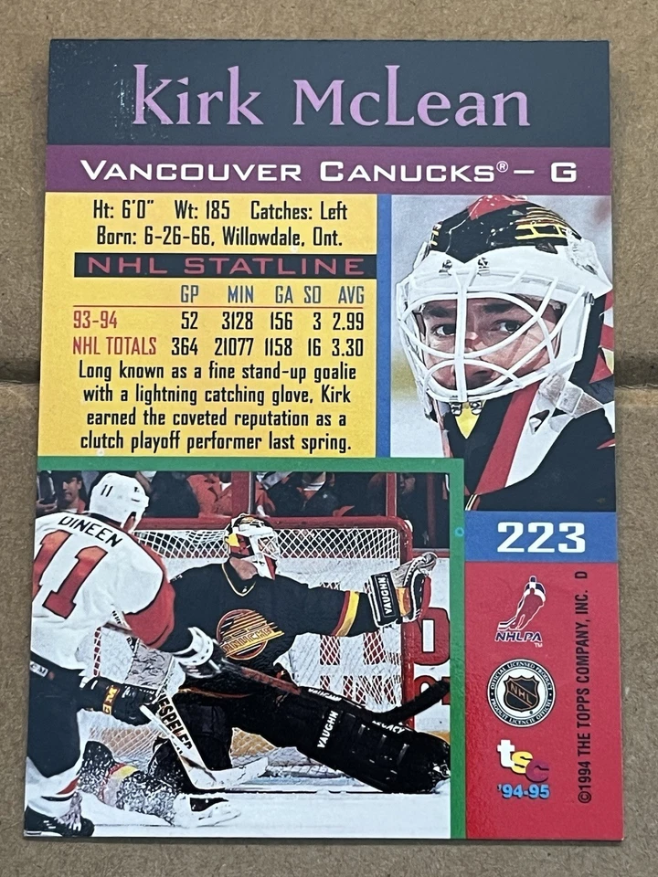 1994-95 STADIUM CLUB STANLEY CUP CHAMPION EDITION - KIRK McLEAN #223 **RARE** - Image 3 of 3