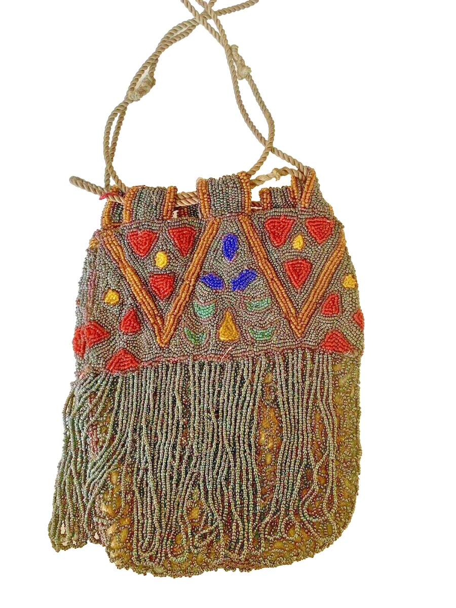 Vintage Beaded Flapper Reticule Drawstring Bag Purse