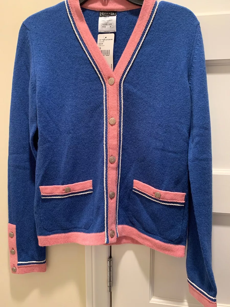 NWT Chanel Cashmere Blue & Barbie Pink Cardigan Sweater Jacket 36