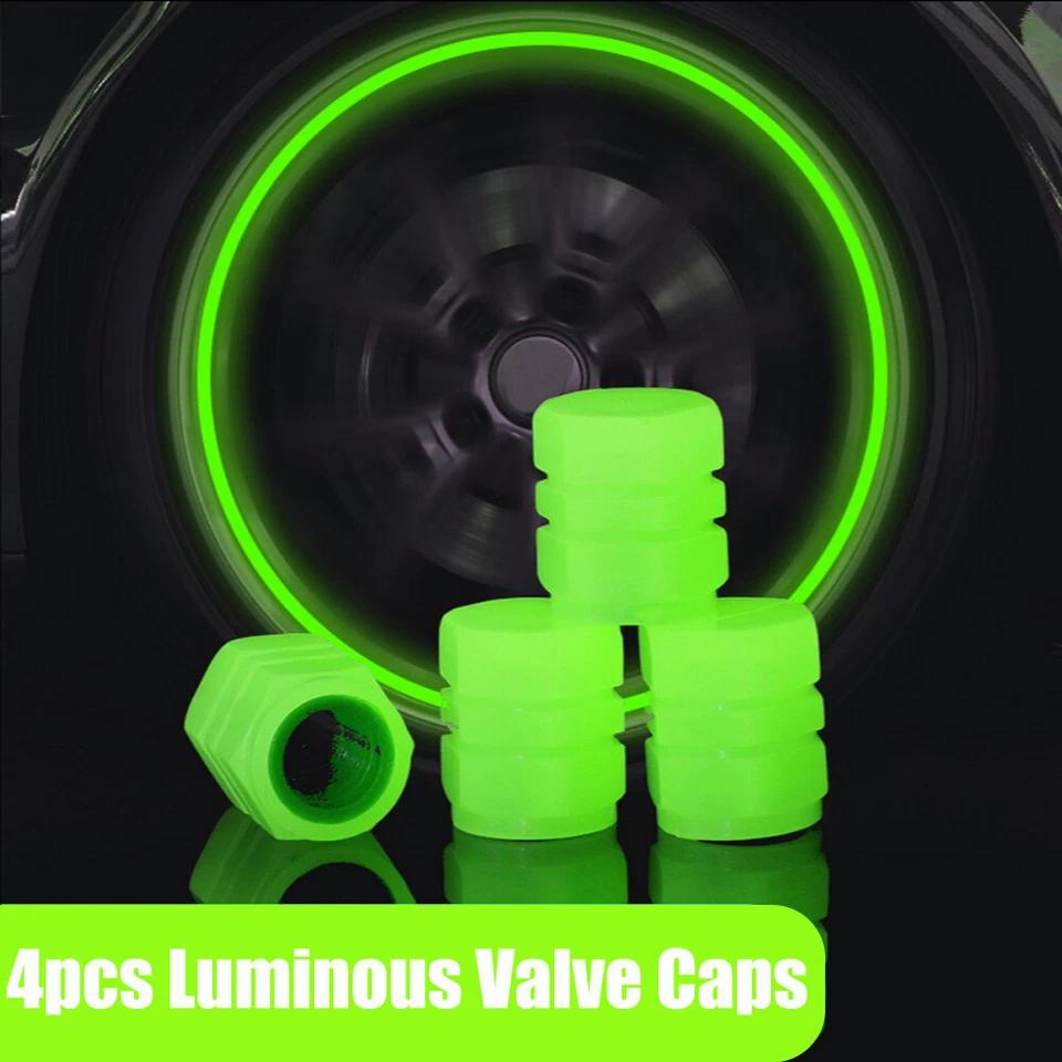 4x Green Luminous Tire Valve Caps Car Vehicle Wheel Dust Cover Glow In The Dark - Image 4 of 4