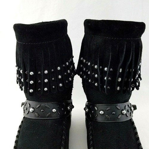 COACH ROCCASIN Boots Fringe Studded Black Suede Shearling Moccasin US 6/36.5 NEW - Picture 4 of 7