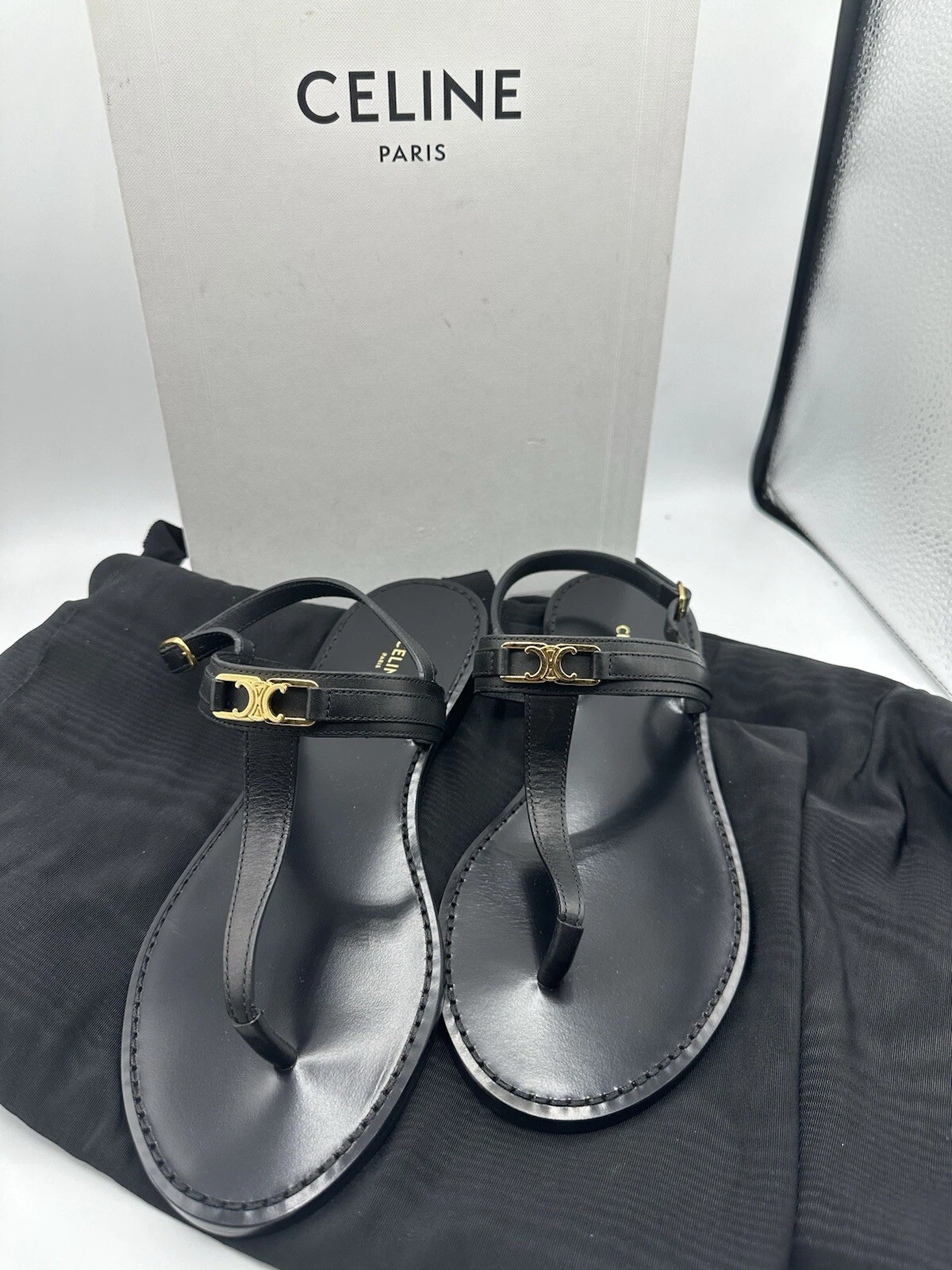 Celine — CELINE Triomphe Metal Logo Thong Flat Mule Slide Sandals 38