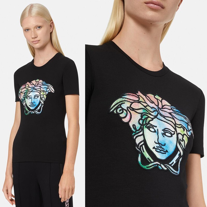 40 NEW $725 VERSACE Black LOGO RAINBOW MEDUSA CRYSTAL Fitted 40 NEW $725 VERSACE Black LOGO RAINBOW MEDUSA CRYSTAL Fitted