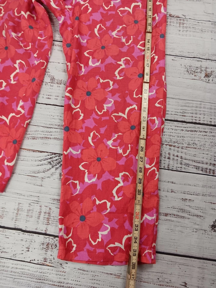 Pantalones boho Sigrid Olsen SO azules para mujer 10 rojos florales 100 % lino tobillo recto Foto 4 de 4