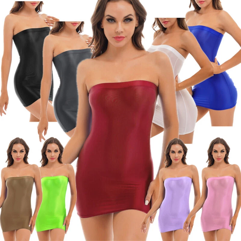 Women's Glossy Transparent Bodycon Tube Dress Sexy Strapless Mini Pencil  Dresses