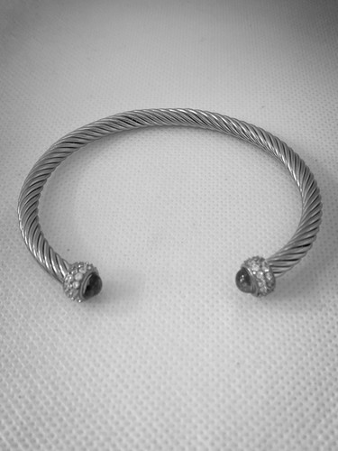 Hanora Stainless Steel Cable Blue Topaz cabochon End Bangle With CZ Stones 7 " - Picture 6 of 7