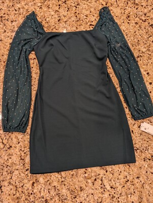 Scuba Crepe Square Neck Rhinestone Studded Mesh Long Sleeve Dress