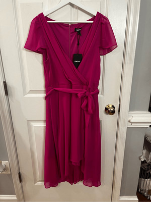 DKNY Fuchsia Chiffon Like Faux Wrap Tie Waist Dress sz 14 NWT