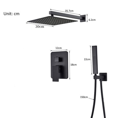 Concealed Shower Set Black 12 in Rainfall Head Bathroom Mixer Taps Wall Mounted - Picture 2 of 12