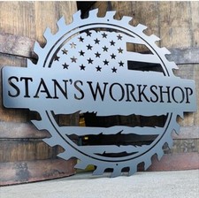 Personalized Workshop Sawblade Metal Sign Cutout with USA flag