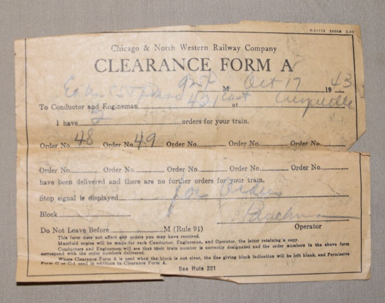 Chicago North Western Railway Clearance From A Oct 17, 1943