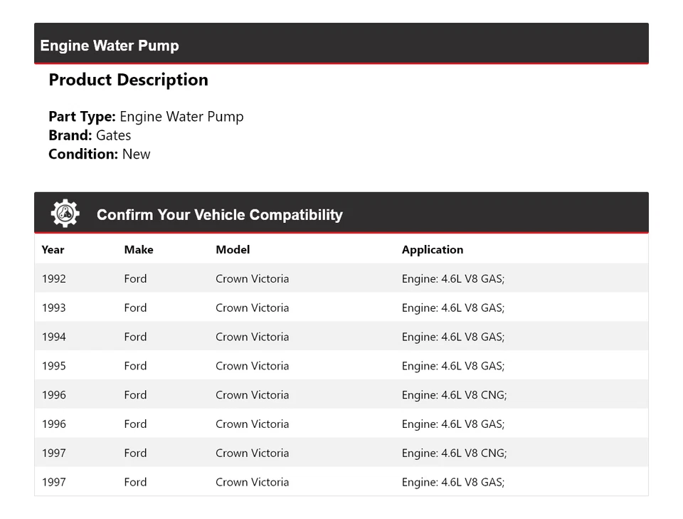Puertas bomba agua motor Ford Crown Victoria 1992-1997 1993 1994 1995 1996 Foto 2 de 4