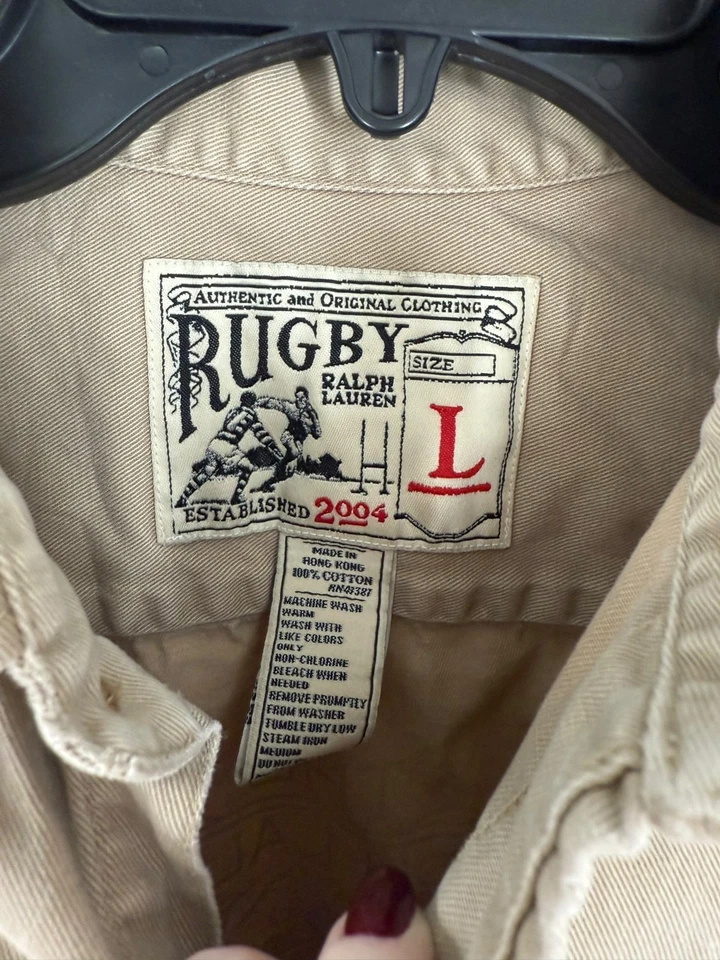 Camisa masculina de rugby Ralph Lauren manga longa cáqui grande algodão com botões - Imagem 3 de 4