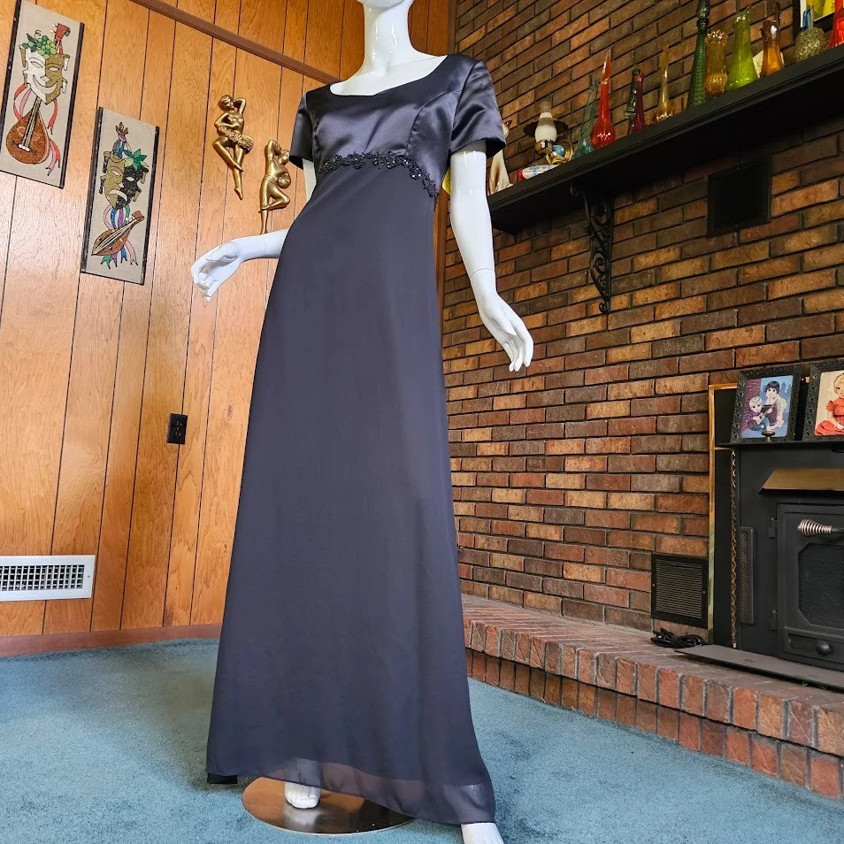 Vtg 90s Curvy Goth Black Chiffon Waterfall Maxi Fiesta Prom Formal Dress Gown L - Image 4 of 4