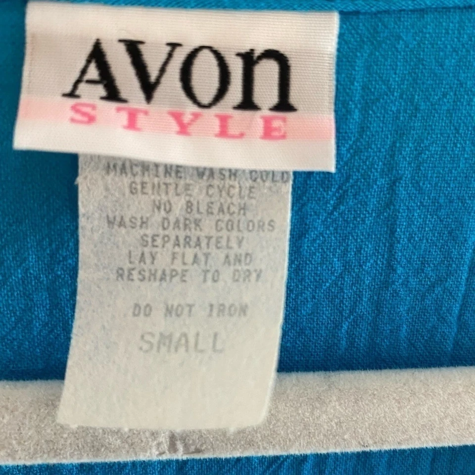 Blusa túnica crochet estilo Avon vintage 100 % algodón azul cuello en V abotonada talla S Foto 4 de 4