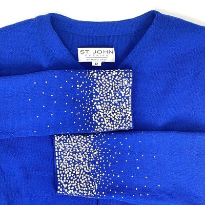 ST JOHN EVENING Sweater Coat SIZE 12 Royal Blue Crystals Jacket Santana Knits
