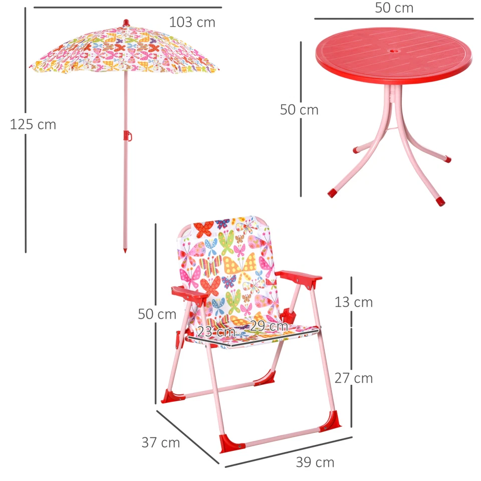 Kids Folding Picnic Table & Chair Set Metal Frame Multi Butterfly 50x50cm 3-5yrs - Image 3 of 4