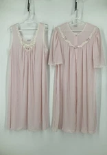 Lorraine Gown Robe Peignoir Set Pink Nylon Lace Rosettes Coquette Large L New