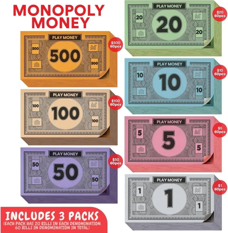 Obtén 3 veces la diversión con dinero de juego colorido - 60 billetes en colores vivos para Monopoly Foto 4 de 4