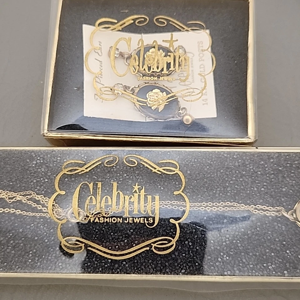 Vintage Celebrity Rose Necklace Earrings Set Pierced Dangle Black Glass 14K Post - Image 2 of 4