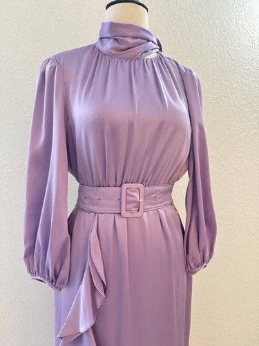 NWT Cinq a Sept Bella Silk Tie-Neck Lavender Mist Waterfall Belted Midi Dress 4 - Picture 14 of 20