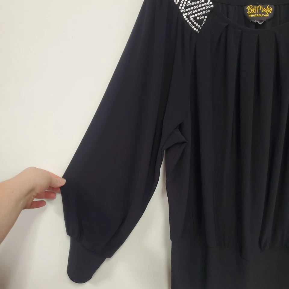 Bob Mackie 女式主教袖亮片上衣,尺寸 2X 黑色艺术折衷弹力 — 第 3/4 张图片