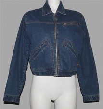 VTG Esprit de Corp Dark Blue 3-Pocket Red Quilted Lining Denim Jacket Wm's S EXC