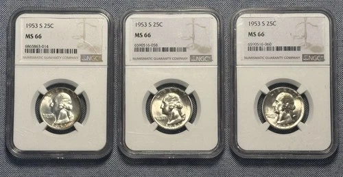 1953-S 25C Washington Quarters MS 66 Graded NGC MS 66 3 Coins!! 90% Silver!!