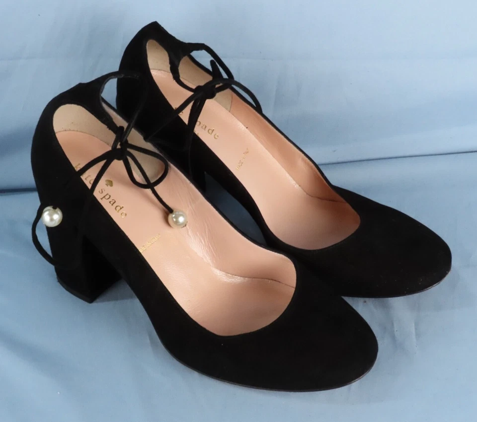 KATE SPADE NY Negro Gamuza Cuero GENA PEARL TIE PUMPS Zapatos Tacones Altos Talla 7 M Foto 4 de 4