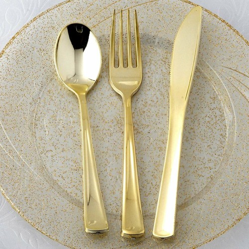 Plastic Gold FORKS SPOONS KNIVES SET Disposable TABLEWARE Wedding Party - Picture 6 of 8