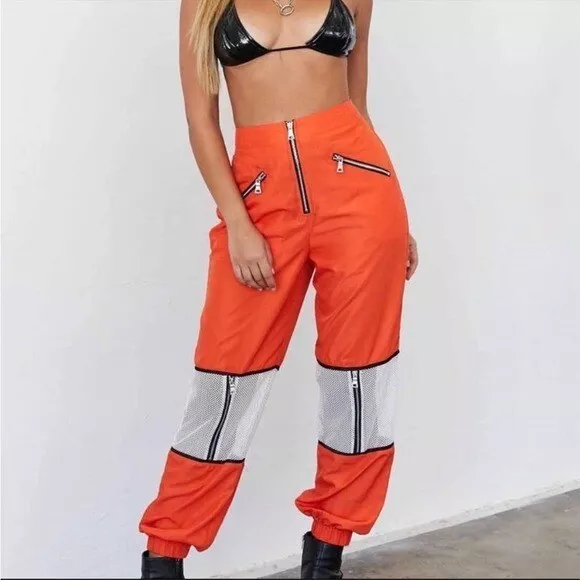 I AM GIA Orange White Mesh Nylon Jogger Pants Size Small