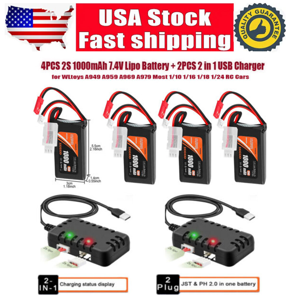 4x 1000mAh 2S Lipo Battery JST Plug USB Charger for