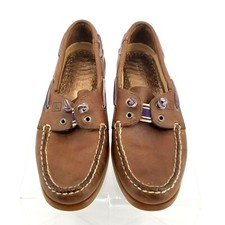 Sperry Top-Sider Slip-ons, Size 7.5 Women' No Lace Brown Leather Purple Accents