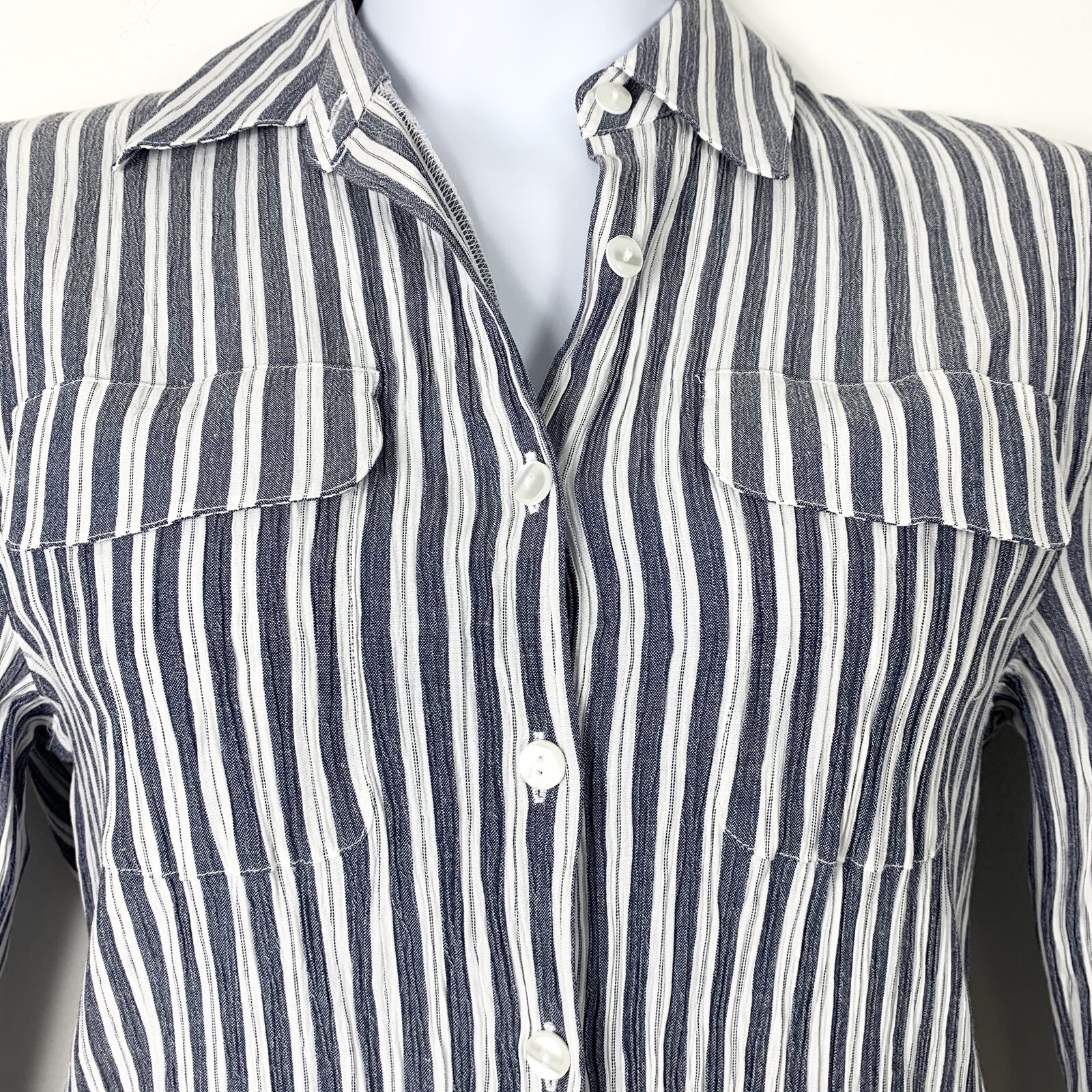 Vintage Medium Blouse Button Up Top Striped Shoul… - image 3