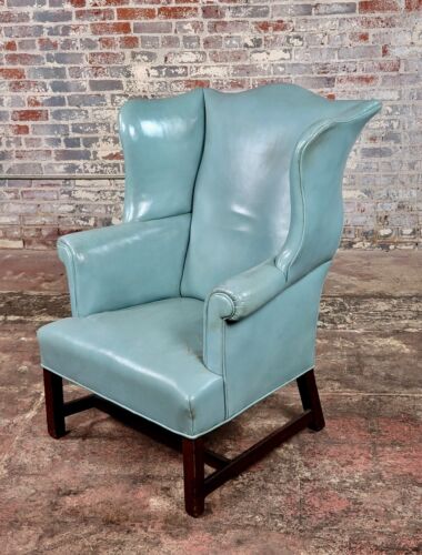 18th century Teal leather upholstered wing Chair-George III - Photo 1/12
