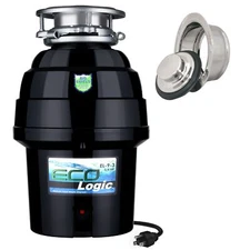 Eco Logic 3/4 HP Kitchen Garbage Disposal, Polished Chrome Sink Flange & Stopper