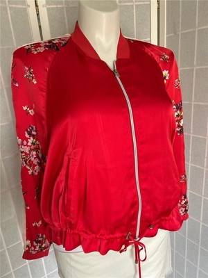 Women's  H&M Divided 14 Ruby Red Floral Print Blouson Zip Up Jacket