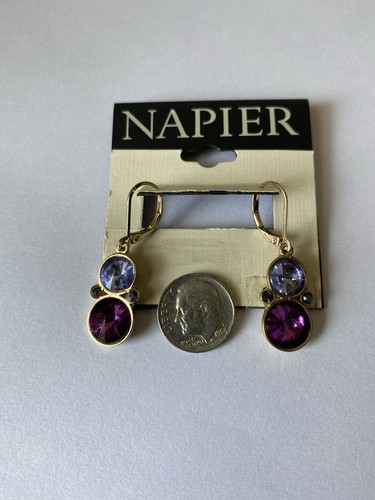 Napier Purple Rhinestone Goldtone Dangle Earrings - Picture 4 of 4