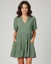 Old Navy Dress Womens Small Petite Green Short Sleeve Cotton Ruffle Neck Pockets